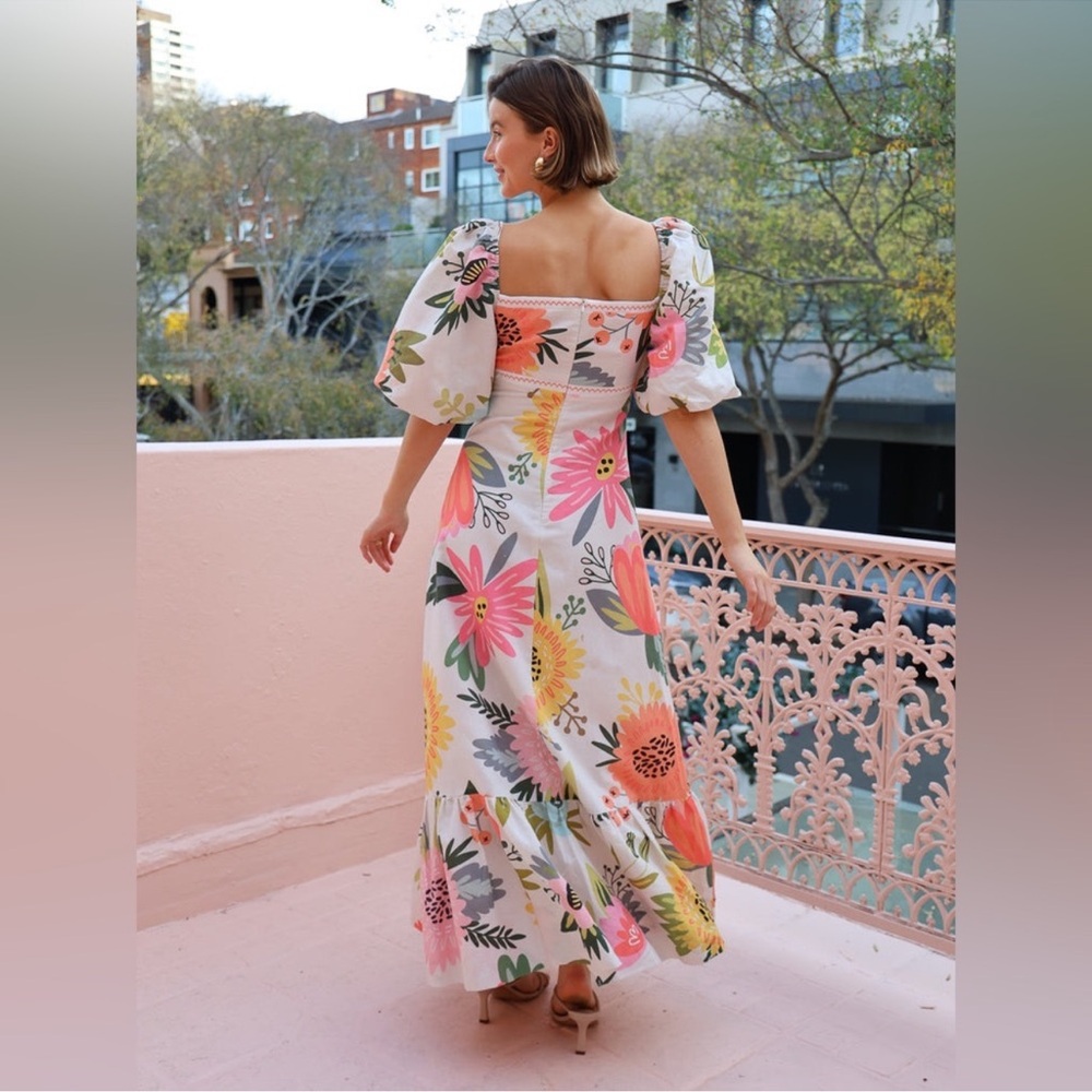 Vibrant Floral Maxi Dress with Puff Sleeves - Picture 4 of 9
